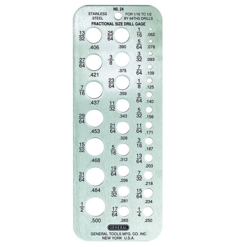 General Tools 24 Fractional Drill Gauge, Hobby Drill Gauge for 1/16” to 1/2 Size Bits, Stainless Steel